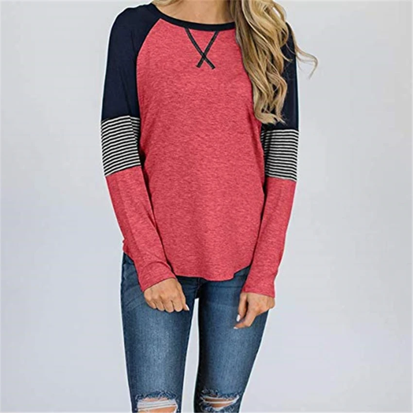 

Raglan Sleeve Tee Shirt Women Soft Spring Autumn Tops Tee Casual Striped O-neck T-shirt Pop New Plus Size T Shirt Patchwork Tee