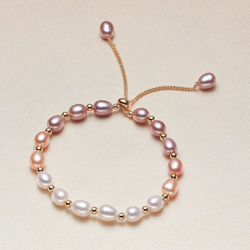 

Minar Elegant Pink Gradient Color Natural Irregular Freshwater Pearl Bracelets for Women Golden Beaded Charm Bracelet Jewellery