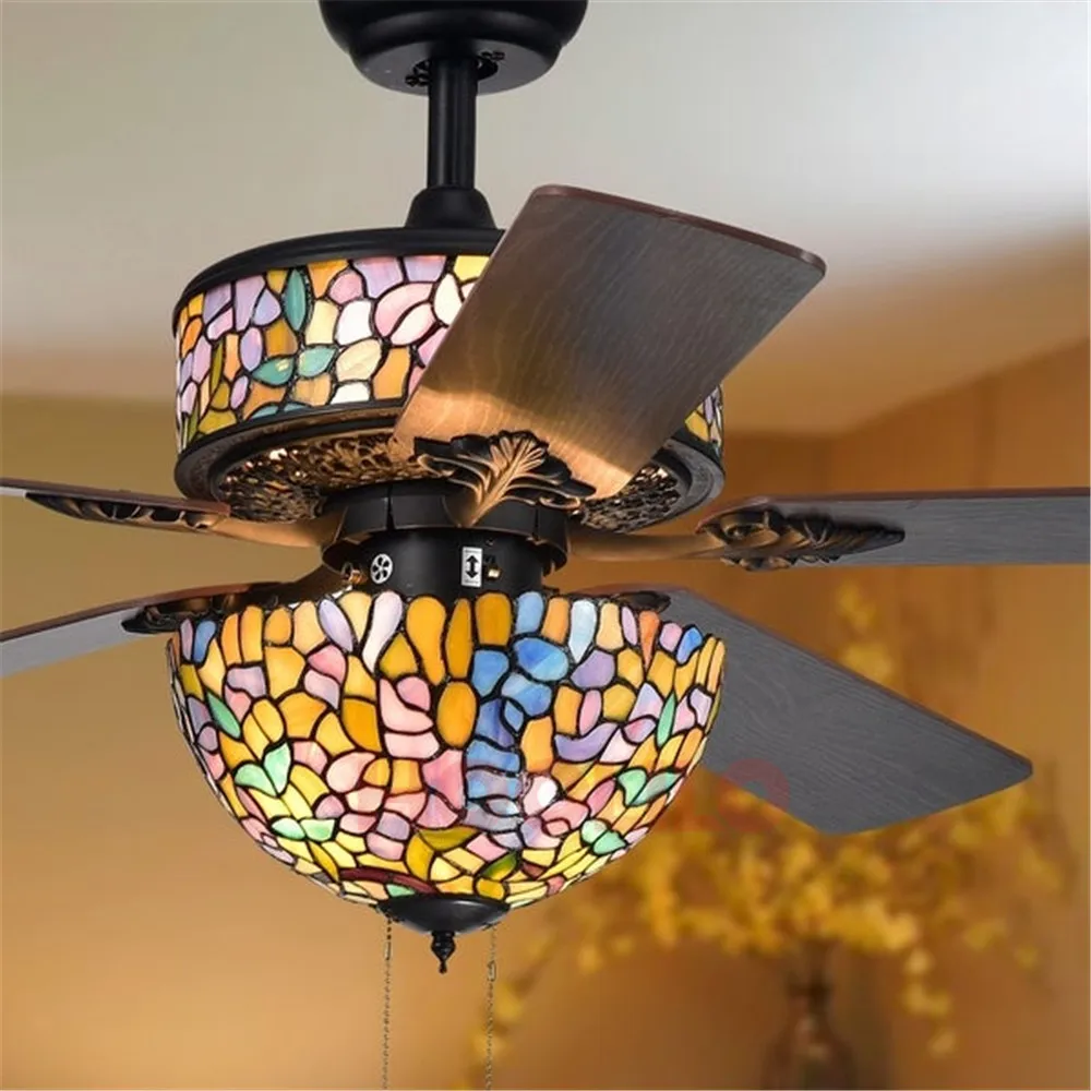 Потолочный вентилятор с дистанционным управлением + светильник Hayfield 5-Blade Tiffany lamp