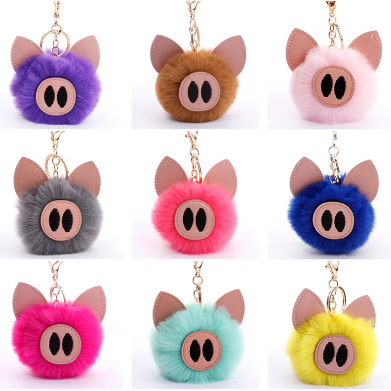 

5pcs/lot Key Chain Cartoon Pig Faux Rabbit Fur Ball Car Bag Key Ring 8cm Plush Pig Key Chains Pompom Keychains Girls Accessories