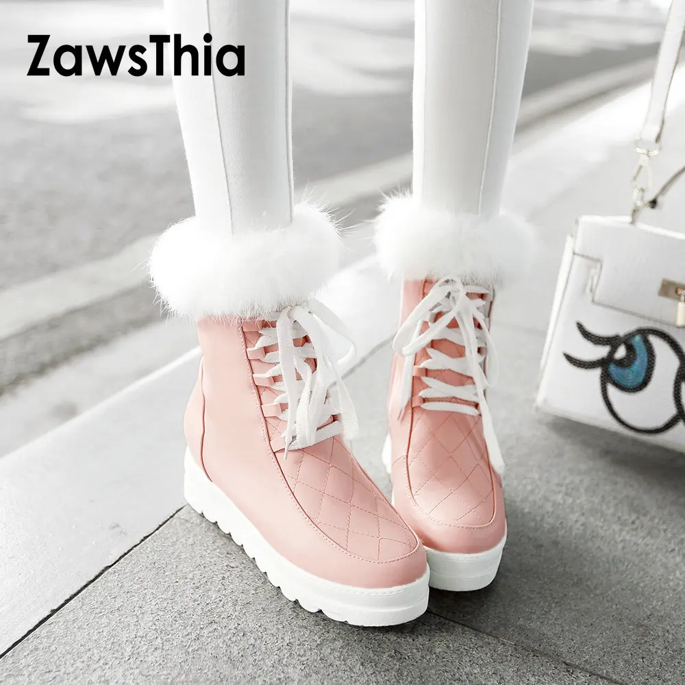 

ZawsThia/женские теплые зимние ботинки на искусственном меху, на шнуровке, на платформе, со скрытой танкеткой, женские ботильоны на высоком кабл...