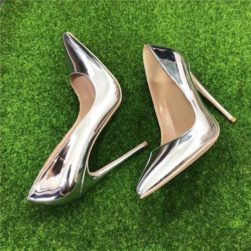 

Shiny silver sexy night club party wedding shoes women thin high heels slip on pointed toe 12cm stiletto pumps QP110 ROVICIYA