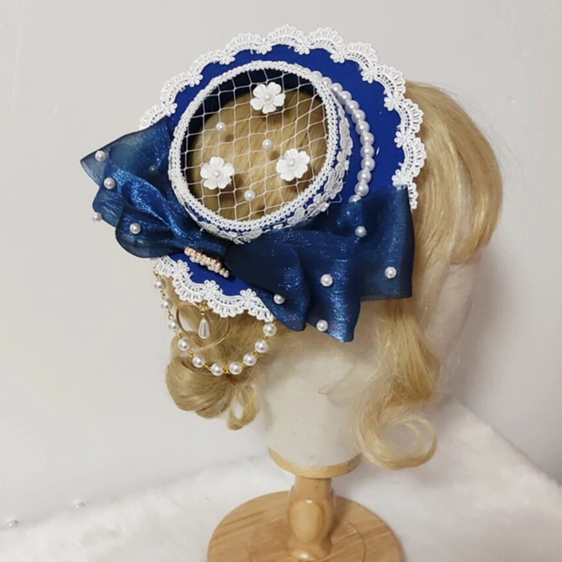 

F3MD Princess Sweet Lolita Hats Handmade Pearl Inlay Top Flat with Bowknot Head Accessory for Women Girls