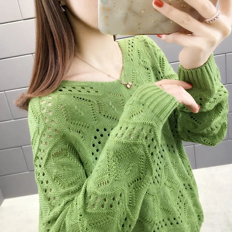 

2020 Women Spring Summer Sweaters Female V-Neck Knit Tops Ladies Long Sleeve Hollow Out Sexy Loose Style Plus Size 3XL Tops