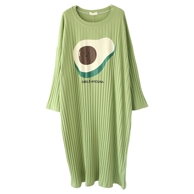 

Spring, Autumn and Winter Long Sleeves Home Nightdress Fresh Loose Cotton Sunken Stripe Women's Extra Fat M plus Size Dress 200