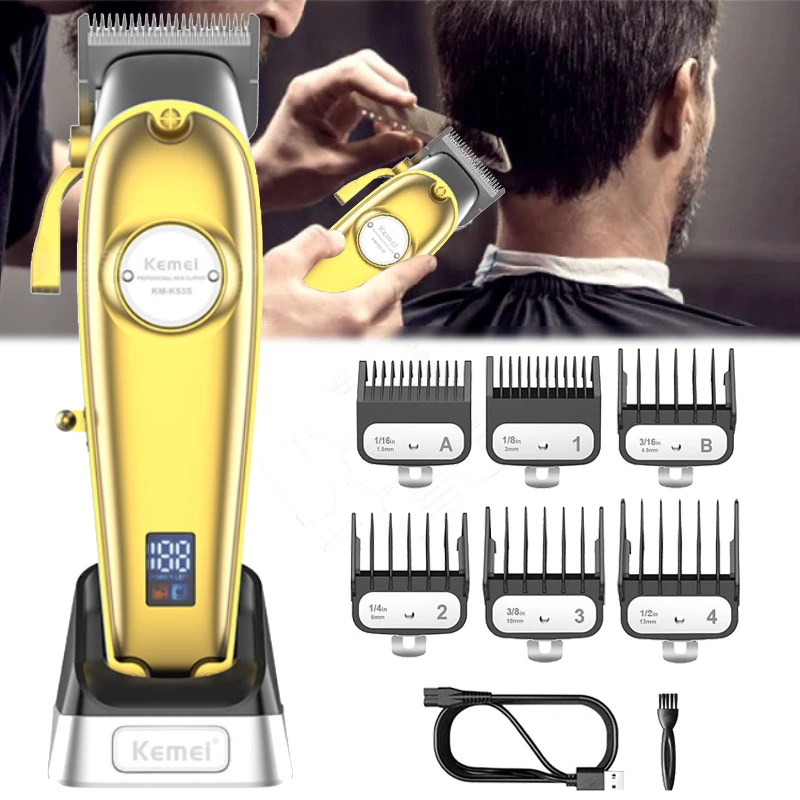 

Kemei K53s Turbo Motor Hair Clipper with Charge Base 2 Speeds Hair Trimmer Cordless Haircut Machine for Barber All Metal Body