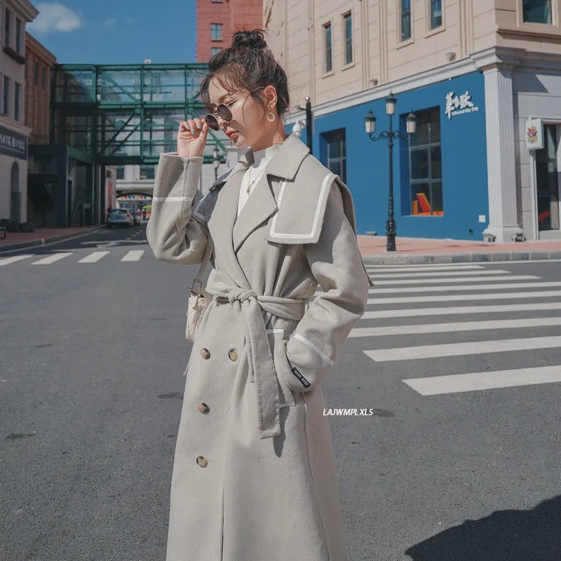 

Women's Woolen Coat 2021 Winter New Fashion Long Black Korean Loose Double-Breasted Thickened Below The Knee Splicing Jacket
