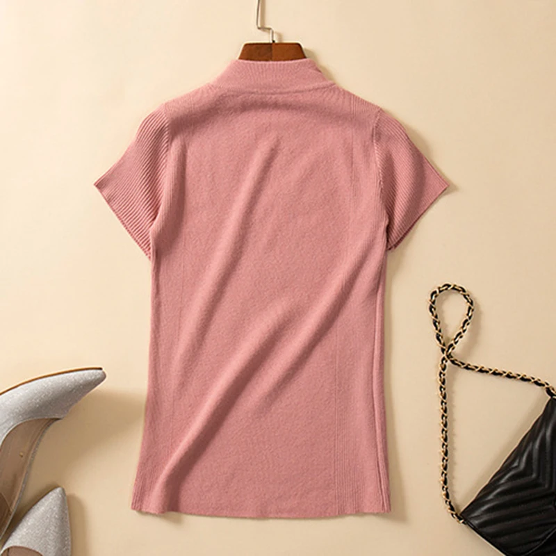 

9 Colors Summer Half Turtleneck Knitted Pullovers Sweaters Short Sleeve Korean Basic Slim Soft Jumper Sweater Pull Femme 2020