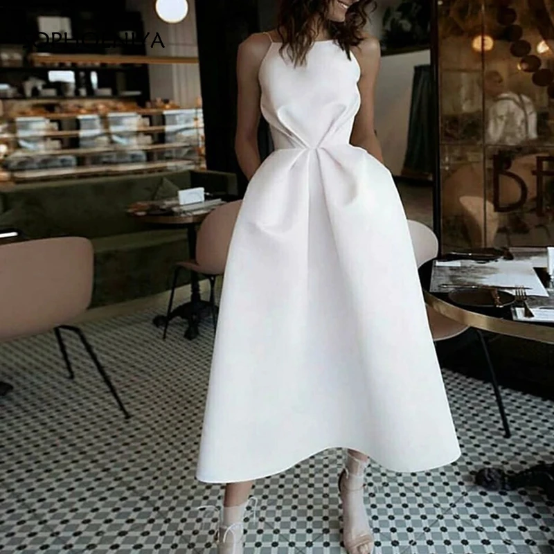 

New Arrival Spaghetti Straps Prom Dresses Ivory Satin Evening Party Dresses Pleat Vestido de Noiva Robe de Soiree Robe Femme