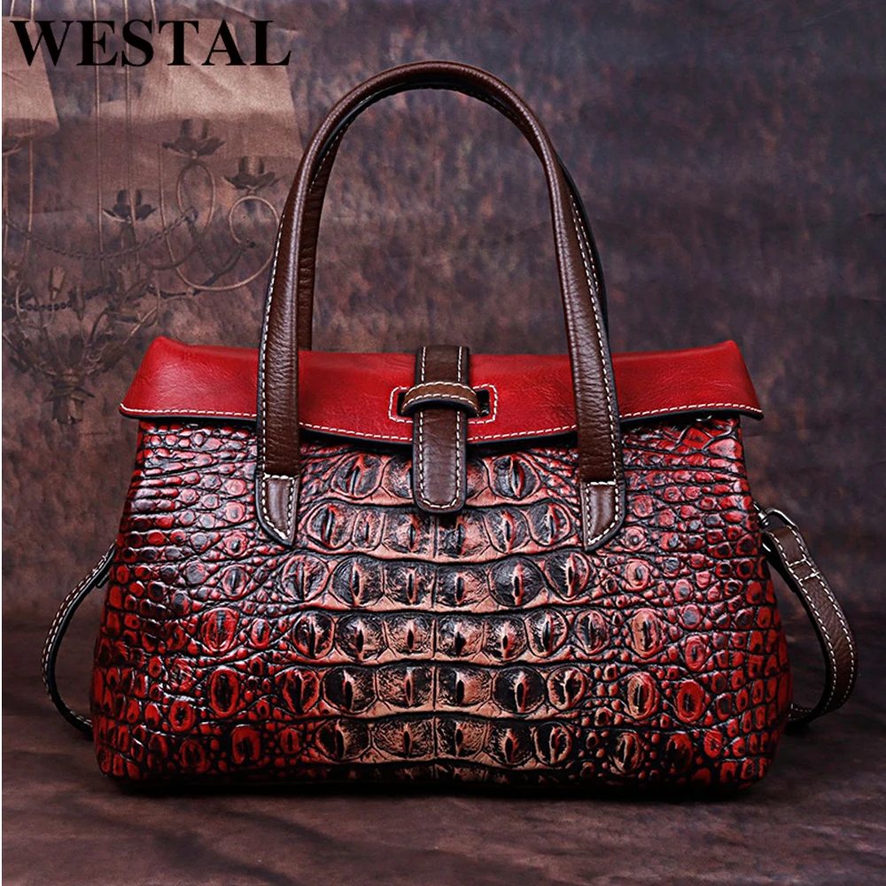 WESTAL women's genuine leather handbag women ladies bag Crocodile pattern handbags designer luxury brand bags briefcase female