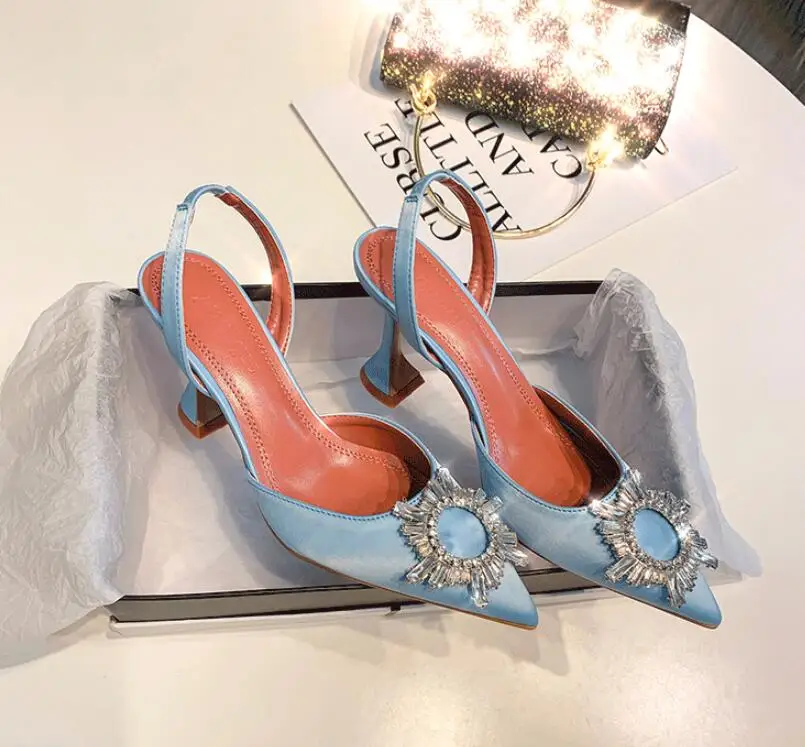 

Hot Sale-Quality Amina Begum Crystal-embellished Satin Slingback Pumps Muaddi Crystal Elasticated Slingback Strap Shoes high 8cm