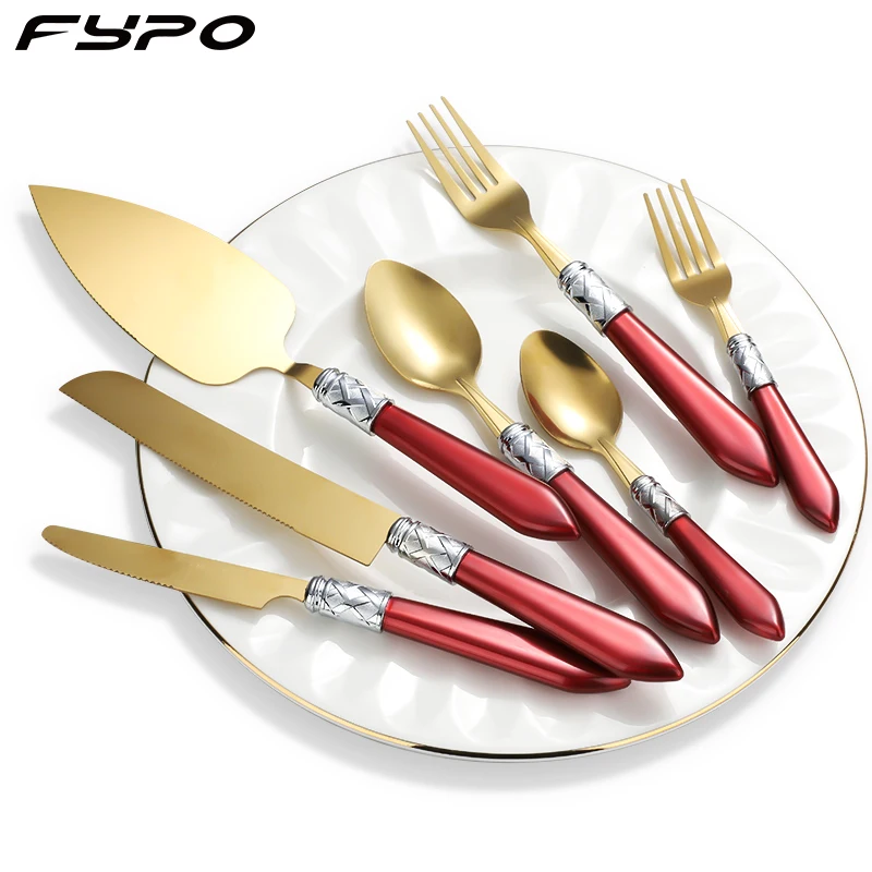 

Cutlery set stainless steel vintage Plastic handle Mirror Tableware Dinnerware Knife fork and spoon home kitchen Utensils