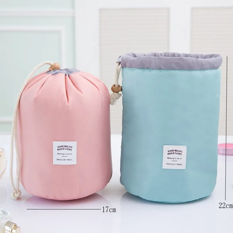 

High Quality Waterproof Barrel Travel Cosmetic Bag Makeup Case Nylon Wash Bag Dressing Box Storage Bag Large Capacity Drawstring