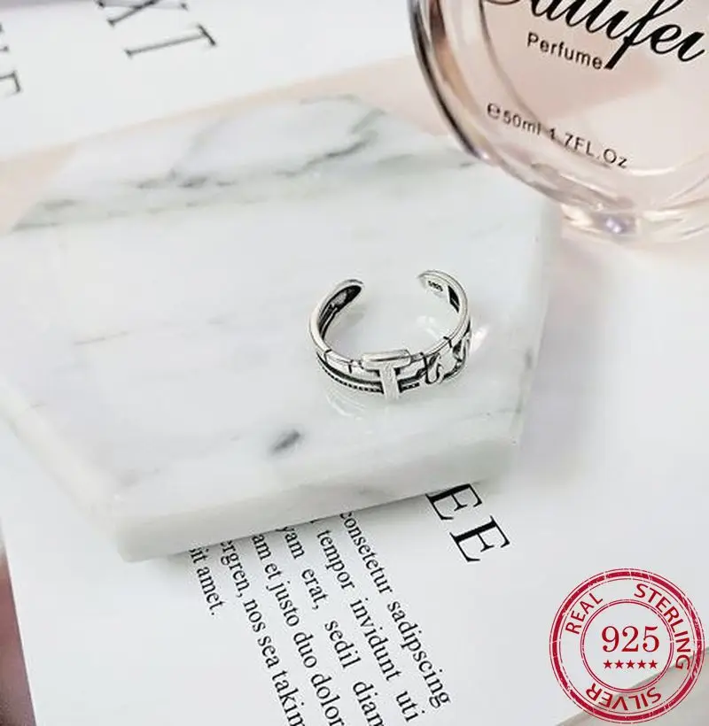 S925 925 Sterling Silver Women's Korean Ring T-shaped Letter Opening Adjust Vintage Thai Diamond Rings Jewelry for Women | Украшения и