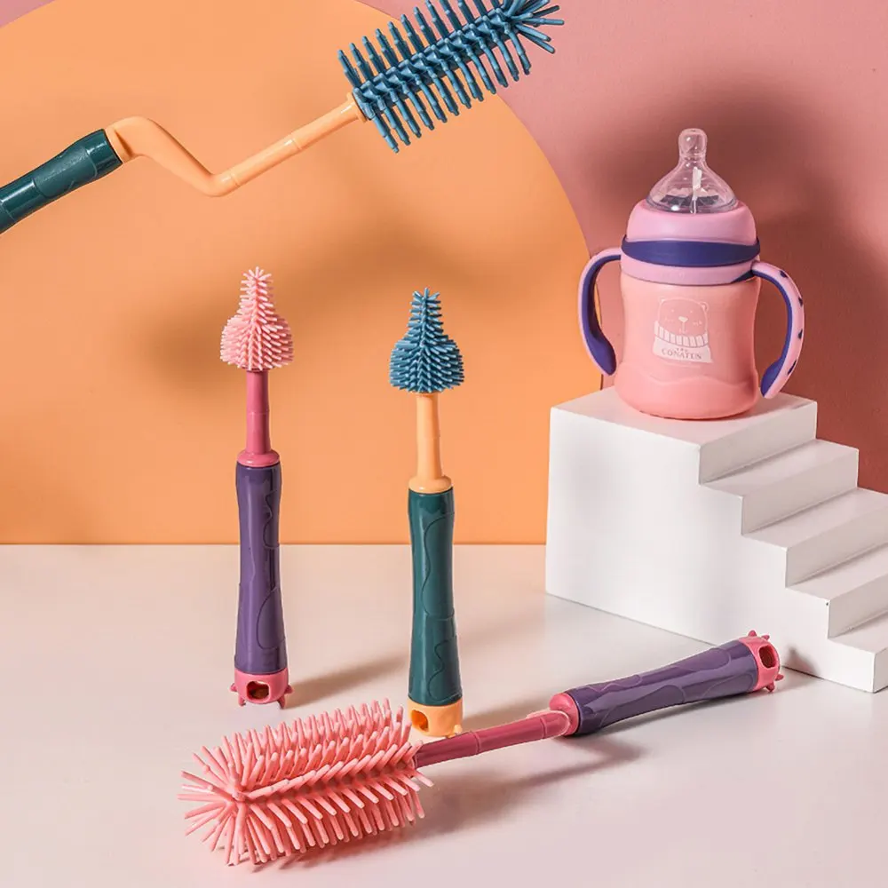 

Вращающаяся на 360 градусов силиконовая щетка для бутылочки, Детская щетка для чистки соски, чашки, соски, набор ручных мягких насадок для пол...