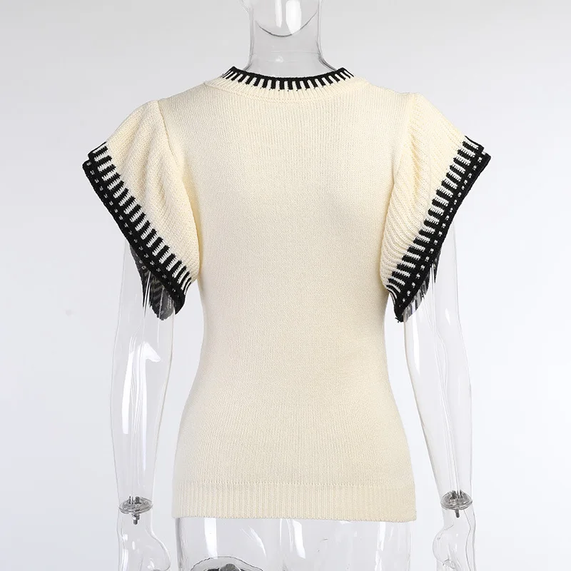 

Top women Fashion Woolen knitting Frilled Splicing Vest 23568XP Round Neck Slim Solid Color Sexy Woolen pullover