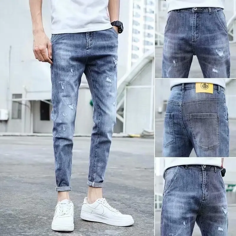 

Spring Autumn 2021 new trendy brand Slim stretch denim pants Korean trend all-match casual street teenagers ripped jeans men