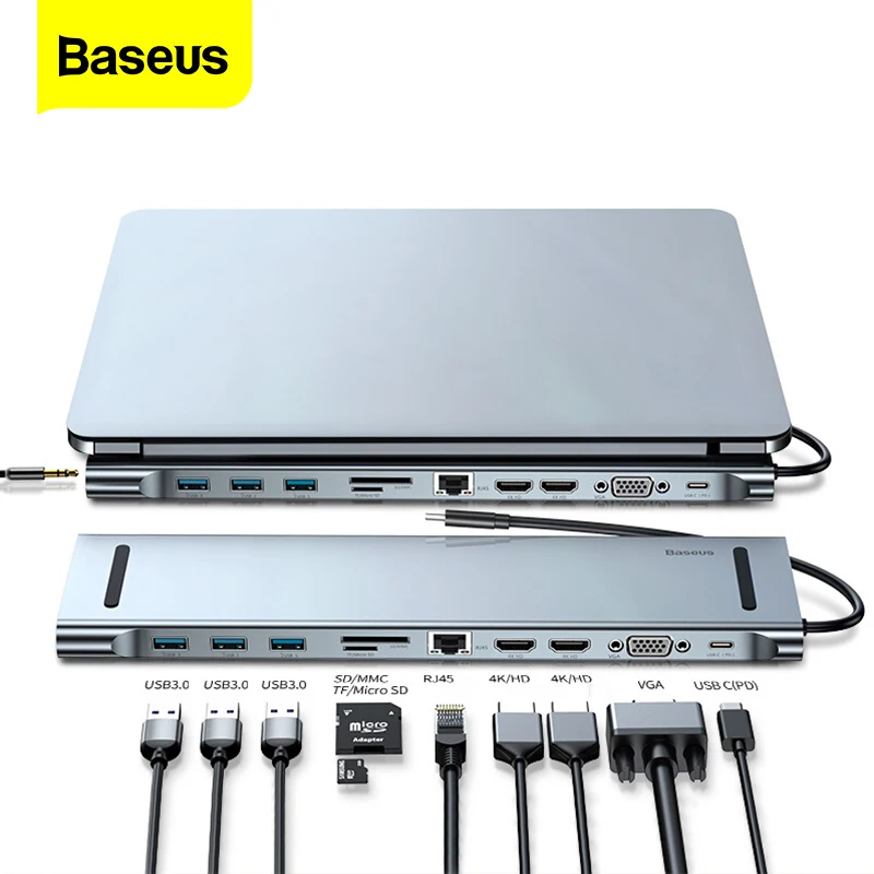 

USB-концентратор Baseus для Macbook Pro Air, USB-концентратор типа C на 4KHD VGA RJ45, мульти-порты USB 3,0, USBC Type-C концентратор с адаптером питания PD