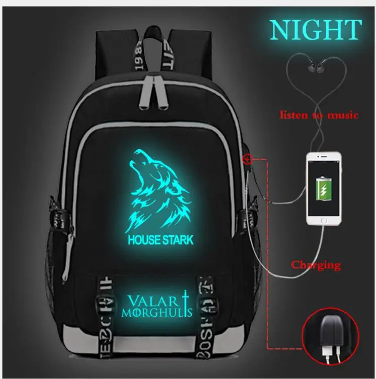 Новый светящийся подростковый рюкзак Игра престолов Старк USB зарядка рюкзаки для