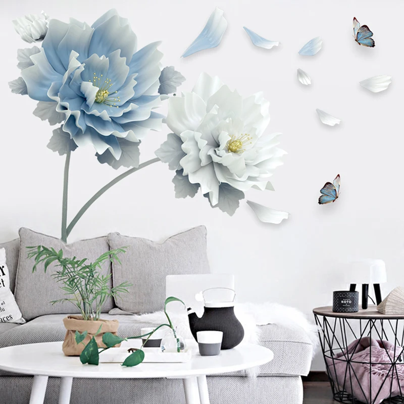 Large White Blue Flowers Lotus Butterfly Removable Wall Stickers 3D Wall Art Decals Mural Art for Living Room Bedroom Decor