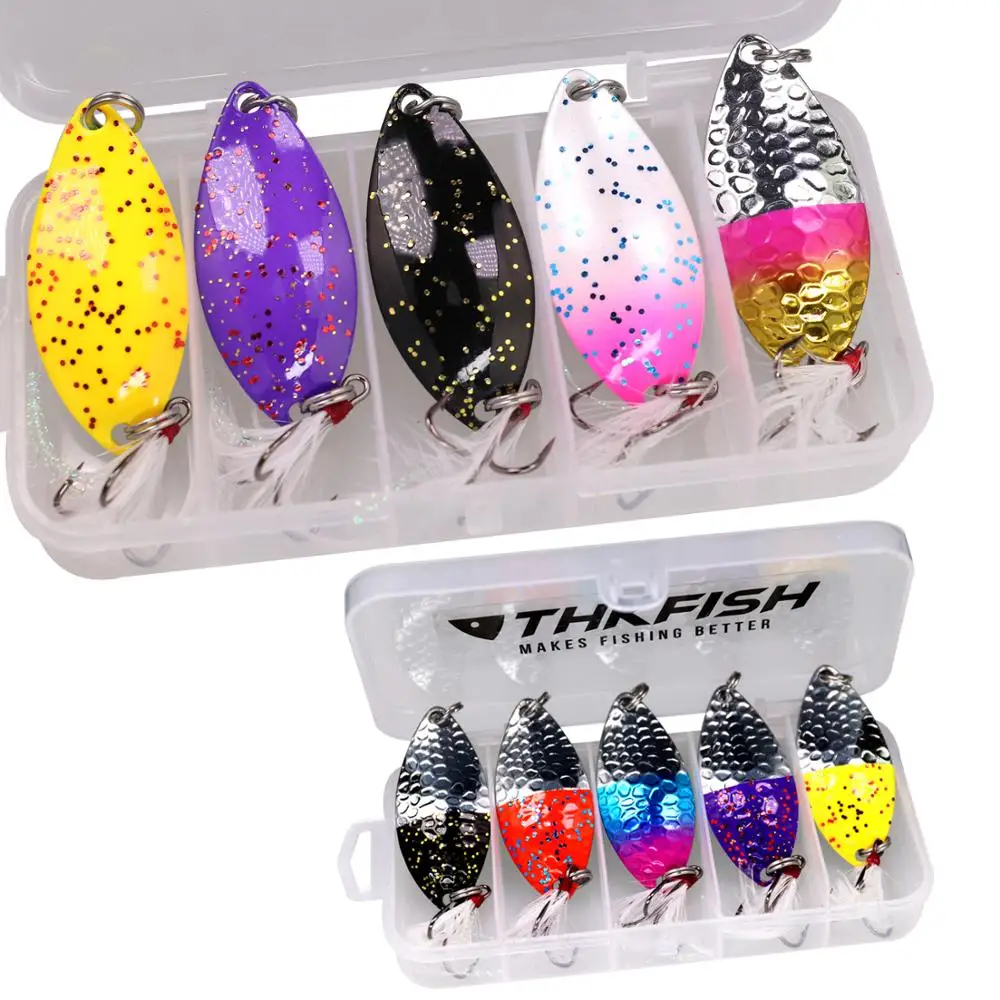 5pcs/box Metal Spoon Spinner Fishing Lure Hard Baits 14g 1/2oz Lake Trout Sequins with Feather Tackle | Спорт и развлечения