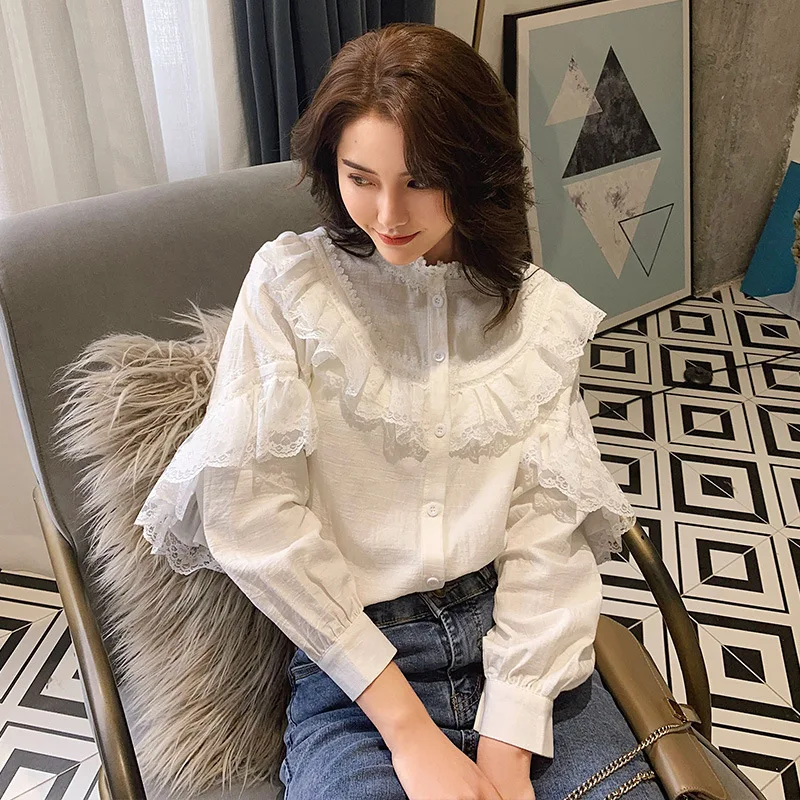 

Shirt female 2019 autumn new fashion temperament lace stitching small stand collar shirt ruffled white wild elegant shirt