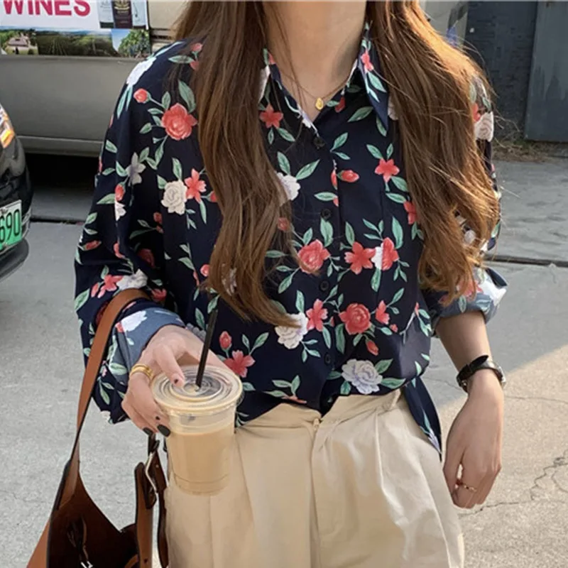 

Sweet Chiffon Floral Shirt Women Casual Prairie Chic Female Top Summer New Loose Long sleeve Ladies Shirts