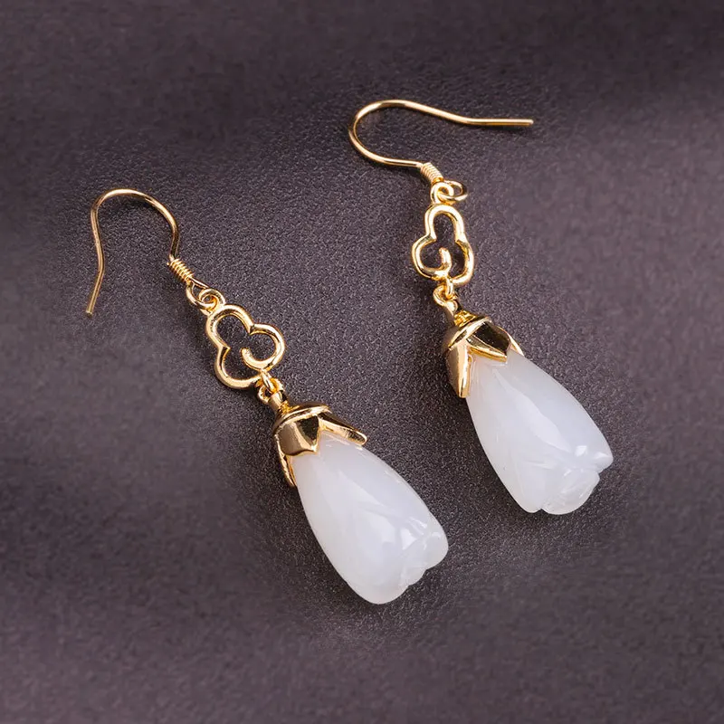 Женские серьги из серебра 925 пробы с натуральным белым нефритом|Серьги-подвески| |