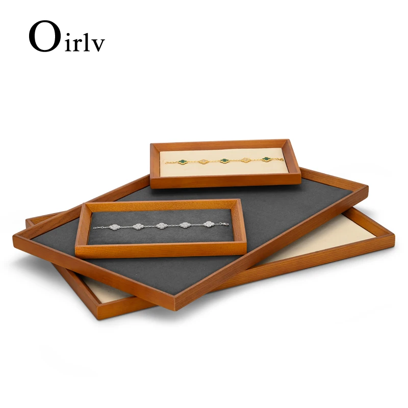 Oirlv Retro Beige/Dark Grey Large Solid Wood Ring Necklace Display Tray Microfiber Pendant Storage Jewelry Organizer Plate