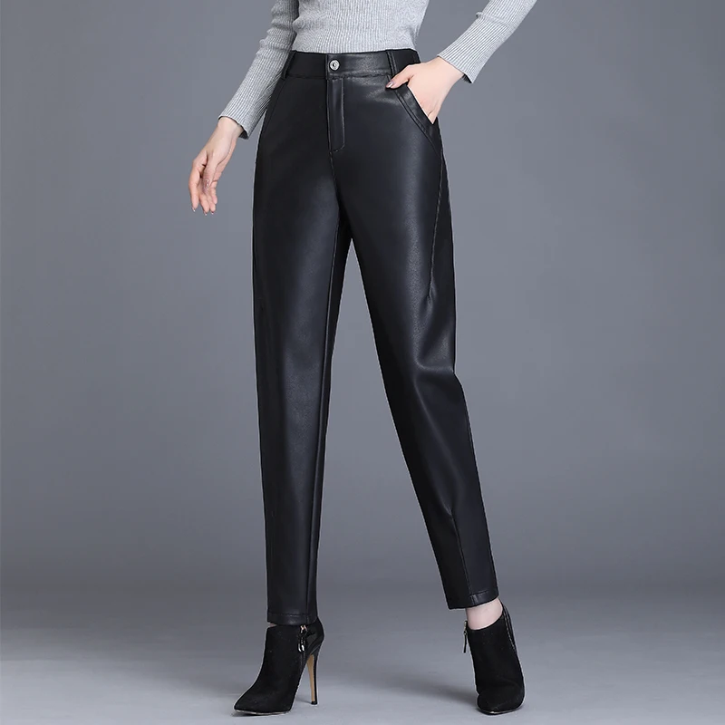Брюки карандаш женские из искусственной кожи с высокой талией и карманами|Брюки|