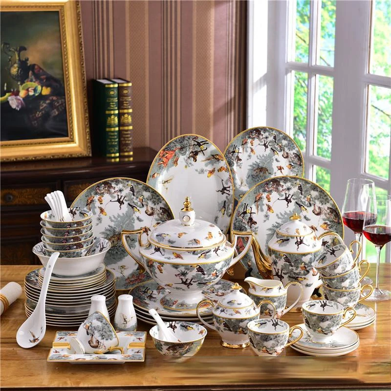 

Porcelain dinnerware set bone china zoology animal design embossed outline in gold 58pcs s coffee sets wedding