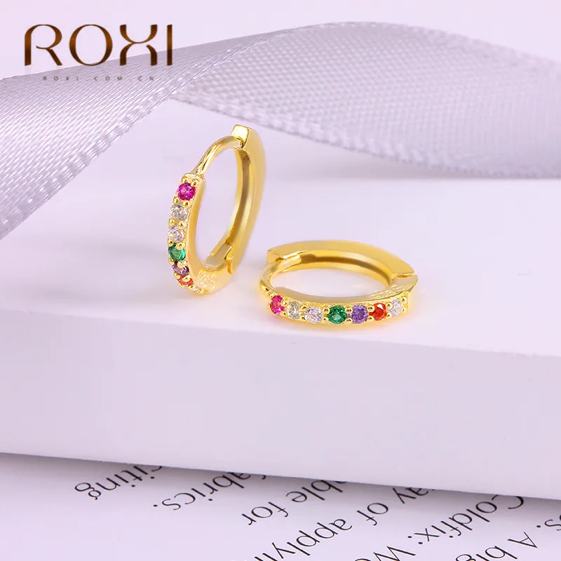 ROXI 100% 925 стерлингового серебра Мини Круглые серьги Радуга CZ гвоздики для женщин