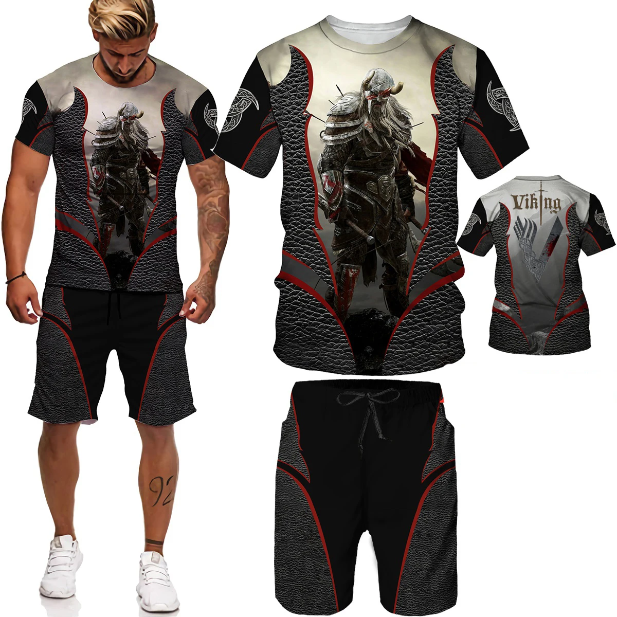 

2021 New Men's Top Oversized Loose T-shirt Sports Men's Shorts Suit Beach Pants Nordic Mythology 3d Printing T-shirt