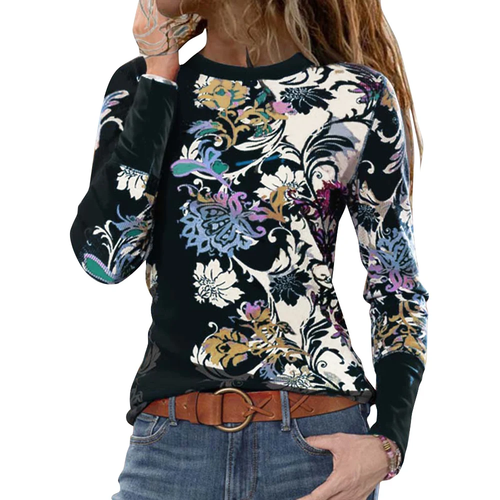

Autumn Women National Style Floral Printed Long Sleeve Top Casual O-Neck T-shirt Female Clothing Blouses Tees Pullovers S-2XL