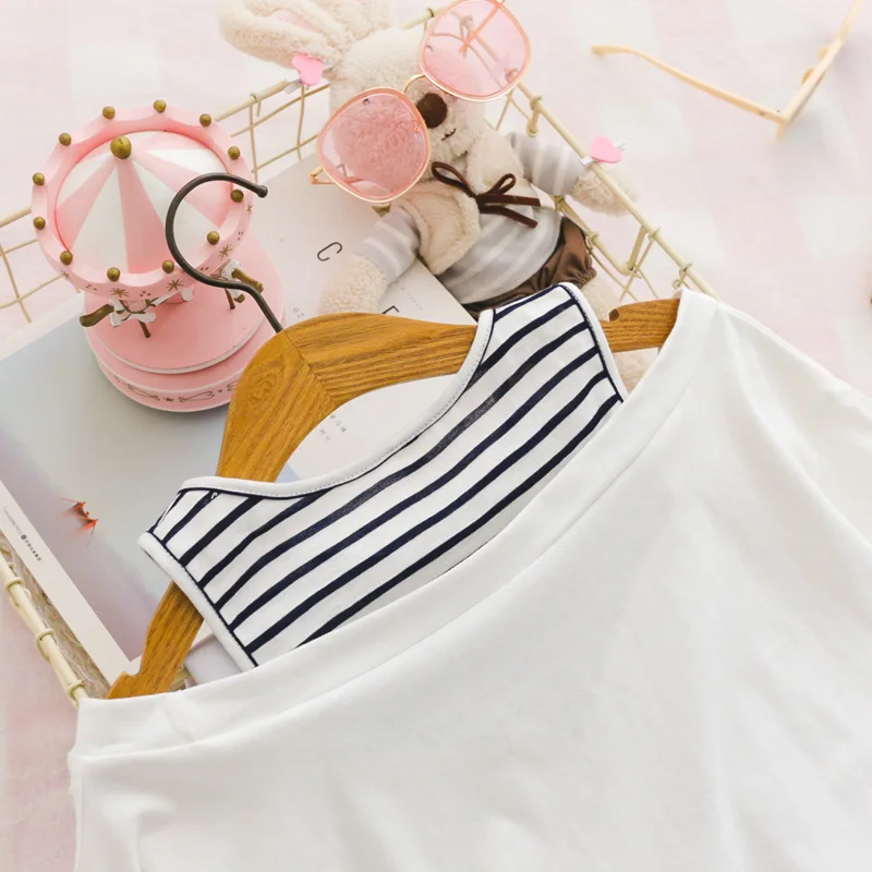 

2021 Women's Letter Embroidery Cotton T Shirts Summer Patchwork Fake Two Pieces White Striped T Shirt Korean Fashion Sweet Tops