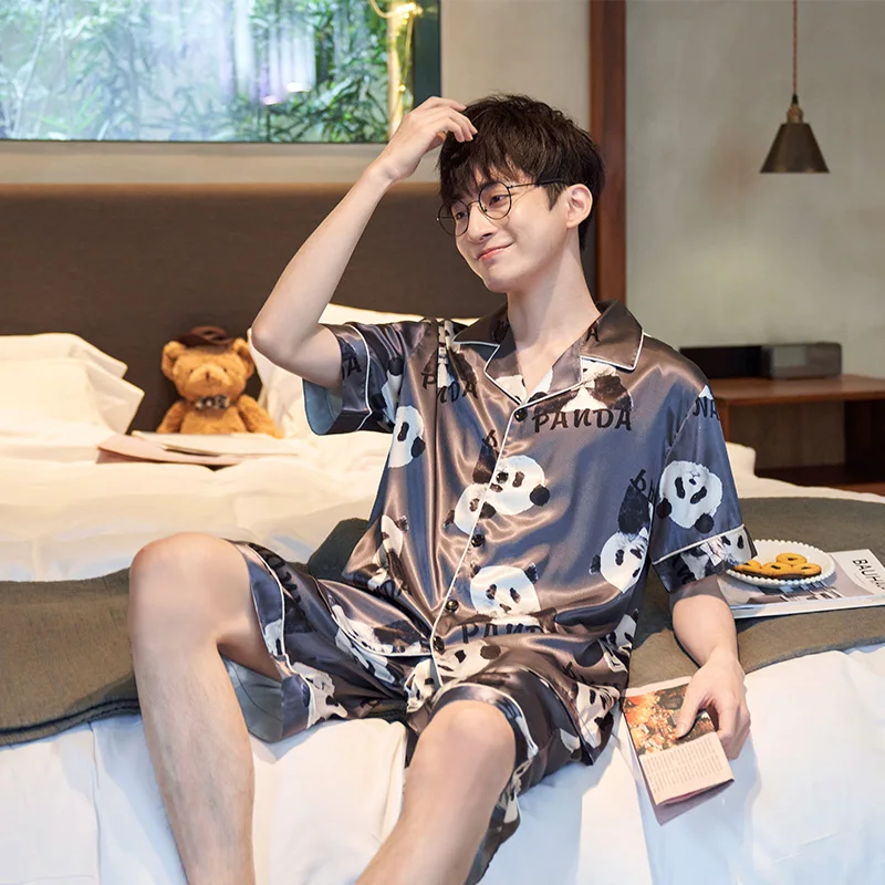 Men Sleepwear Summer Pajamas Cartoon Pajama Loose Version Set Plus Size XXXL Silk Short Sleeved Shorts Suit