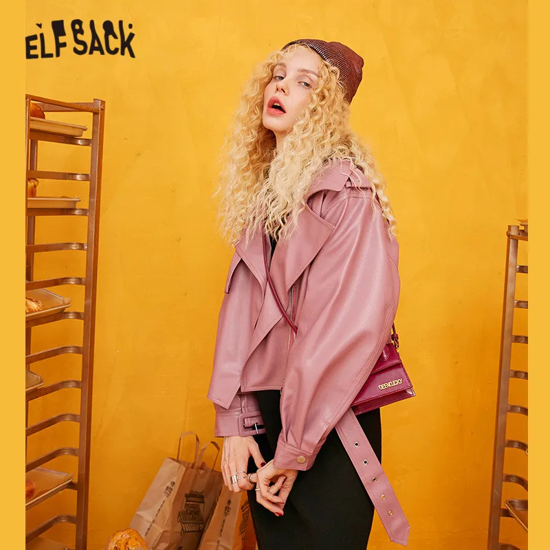 ELFSACK розовый однотонный локомотив корейский стиль кожаные куртки для женщин 2019