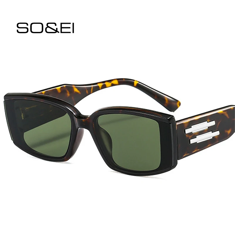 SO&EI Retro Rectangle Sunglasses Women Ins Popular Fashion Leopard Dark Green Eyewear Brand Designer Men Square Shades UV400 недорого