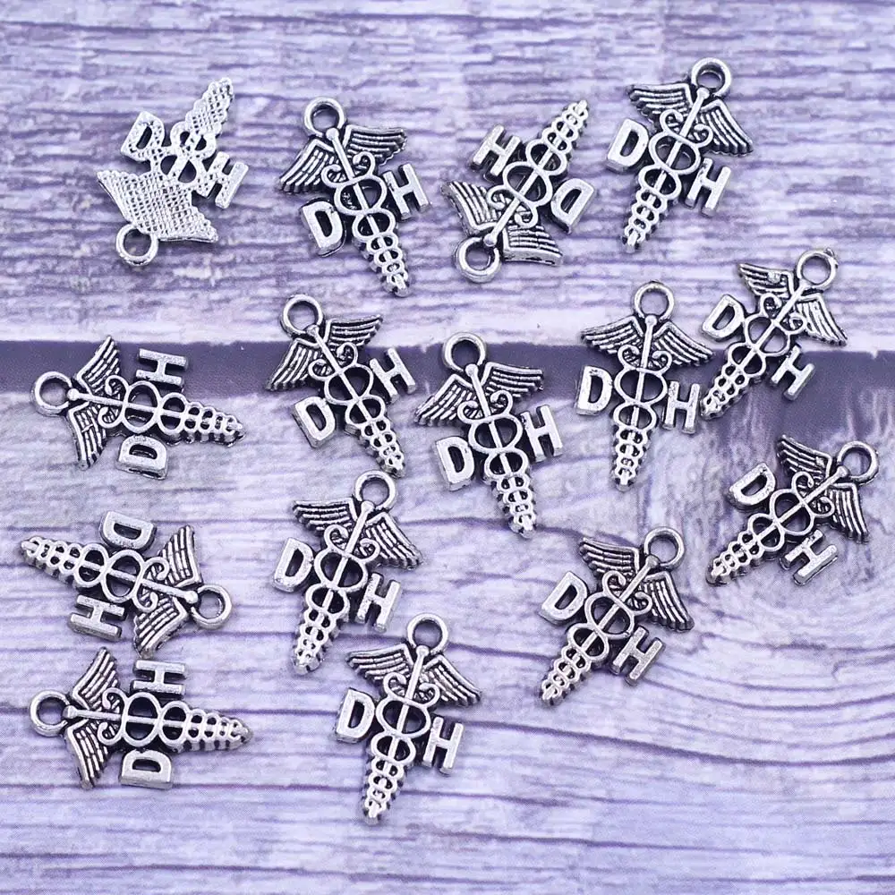 

20Pcs Pendants D H Words Wing Staff Metal Silver Tone For Charm Bracelets Fashion Jewelry Craft DIY Findings 19mm