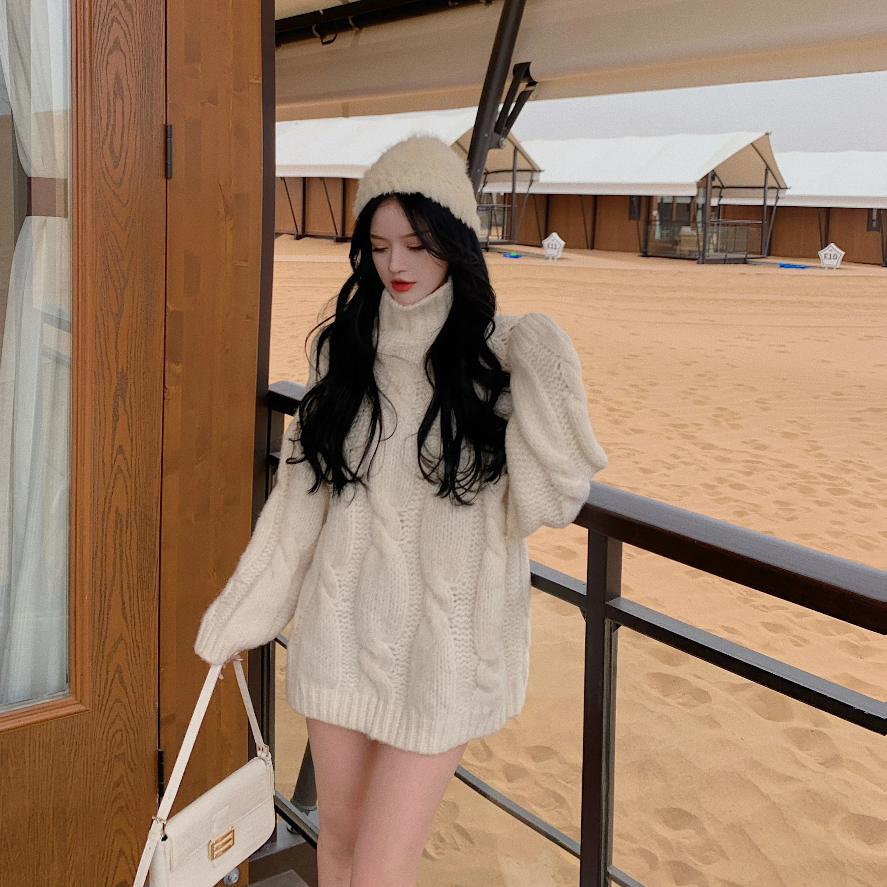 

ZCSMLL High collar sweater women 2021 new winter popular loose lazy wind thickened medium and long twist cardigan tops fashion