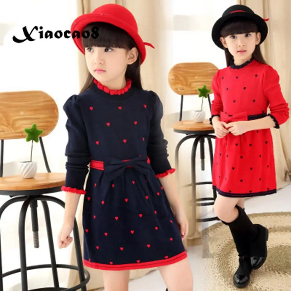 

2020 Winter Kids Knitted Dresses for Girls Elegant Bow Cute Heart Princess Dress Children Teens Christmas Dress Clothes in Red