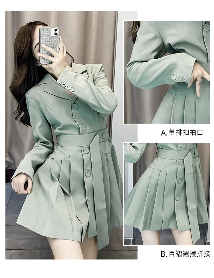

Suit Collar Pleated Dress 2021 Spring Autumn Women Long Sleeve Single Breasted Slim Casual Elegant Office Lady Mini Dresses