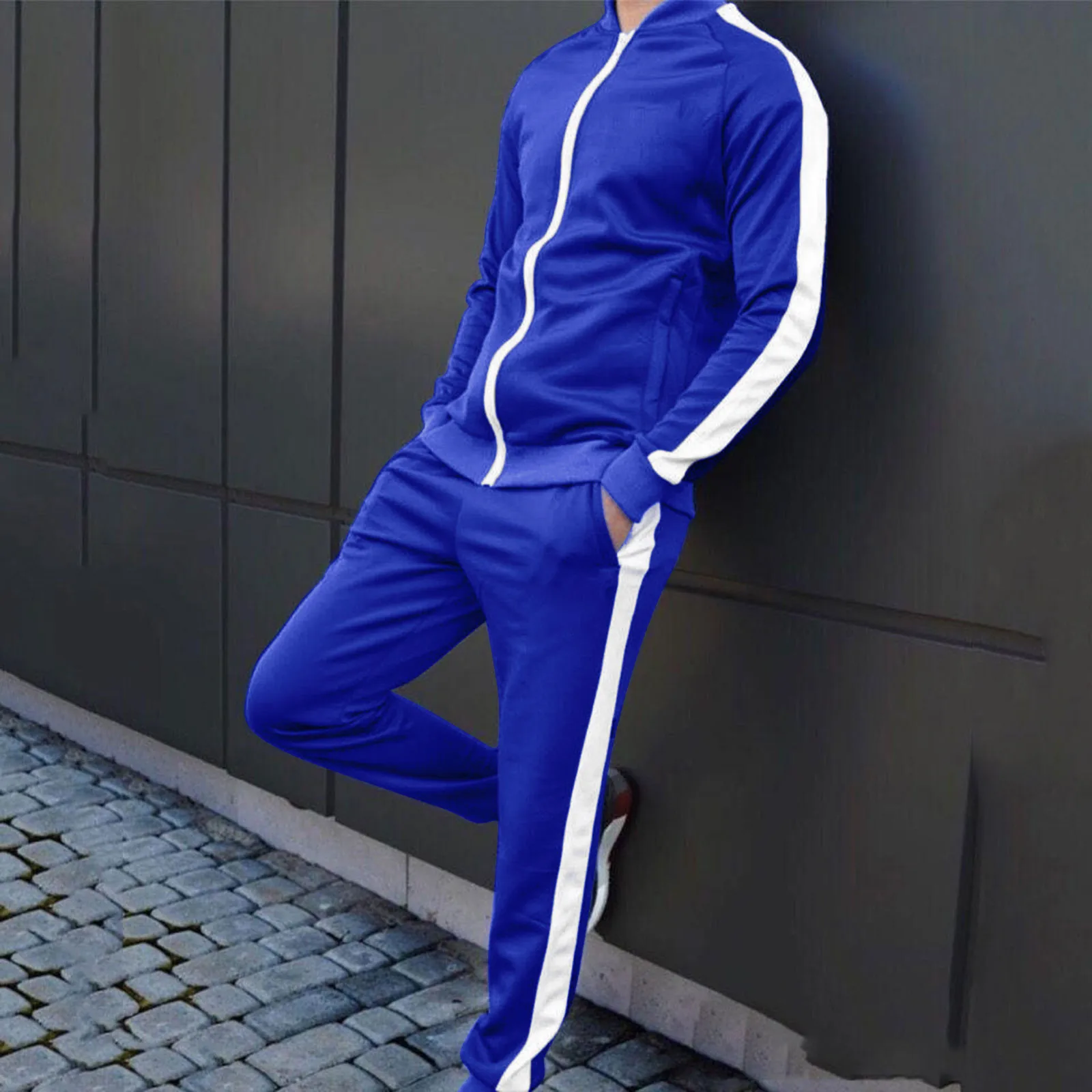 

Спортивный костюм мужской в полоску, кофта на молнии с длинным рукавом и брюки, комплект спортивной одежды, 2 предмета, весна-осень 2021