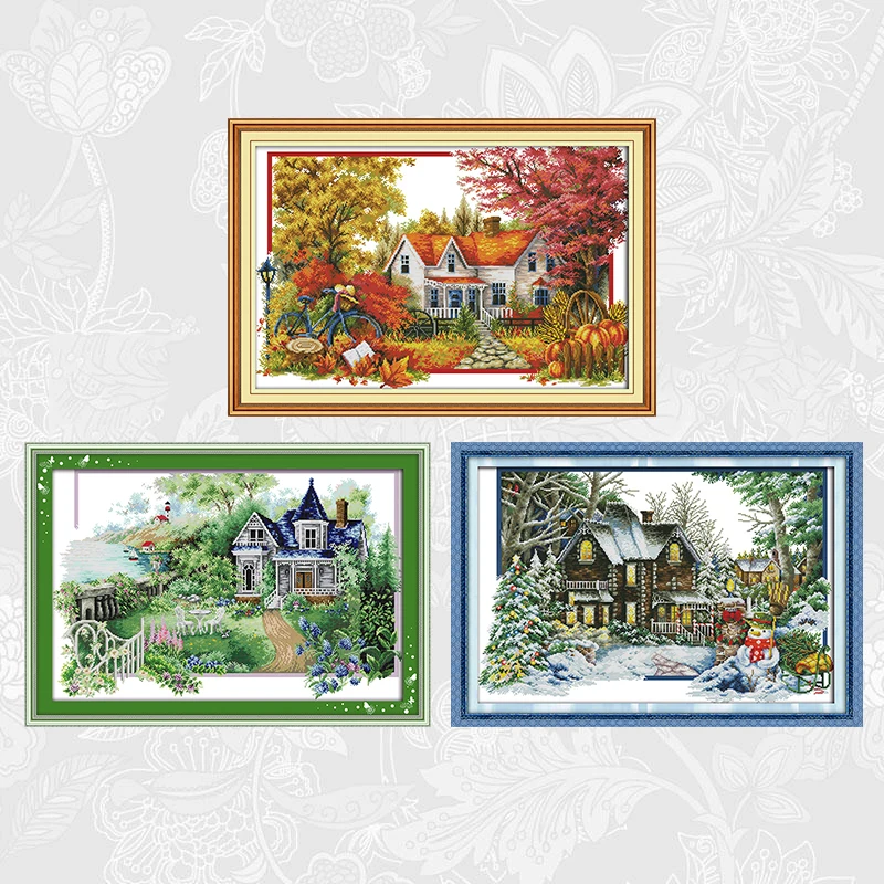 

Joy Sunday Cross Stitch Embroidery Kits Season Cottage Counted Fabric 14CT 11CT Printed Canvas Needlework Home Decor Painting