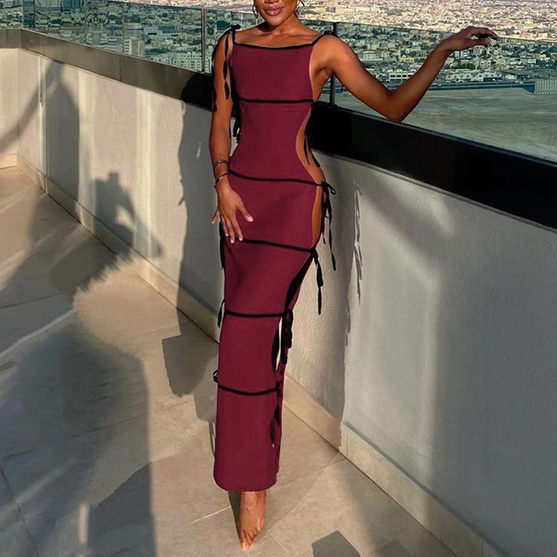 

Summer Fashion Sling Sleeveless Lace-Up Side Hollow One-Piece Dress