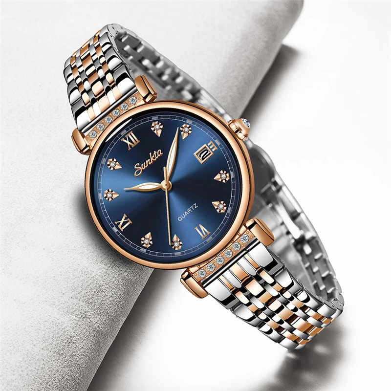 Женские часы SUNKTA розовое золото модные простые кварцевые наручные Топ бренд