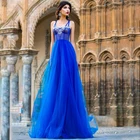 Женское вечернее платье, прозрачное ТРАПЕЦИЕВИДНОЕ платье из тюля, с аппликацией из бисера, Королевского синего цвета, для выпускного вечера, 2022