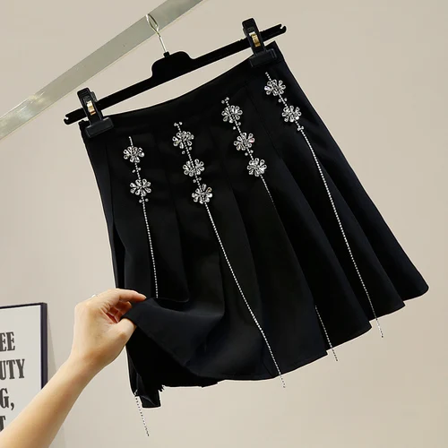 Exquisite Rhinestone Three-Dimensional Flower Tassel Chain Pleated Skirt Women Korean Style High Waist Slim-Fit Mini Skirts Lady