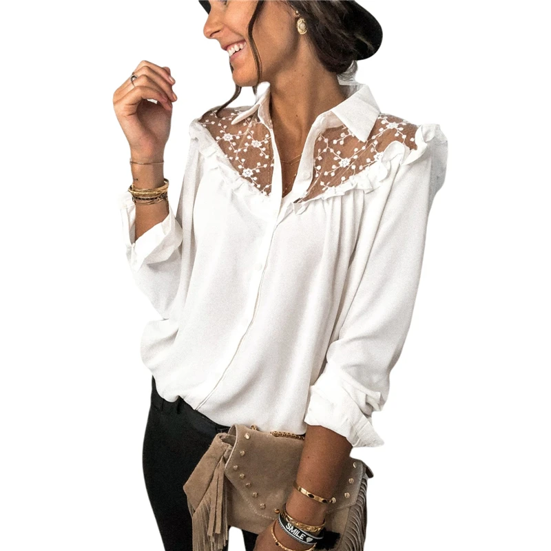 

hirigin Women's Shirt Lace Shoulder See through Lapel Collar Top for Female Formal Blouse White Office Lady Work Elegant Shirts