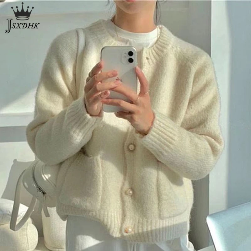 

2021Autumn New Korean Chic Sweater Pure Color Cardigan Women Loose Short Outer Wear Soft Tops Crew knitting Fashion High Quality